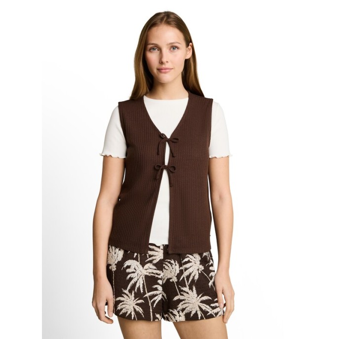 Tom Tailor Damesmode structuur T-shirt vest met strikjes Bruin 1052091